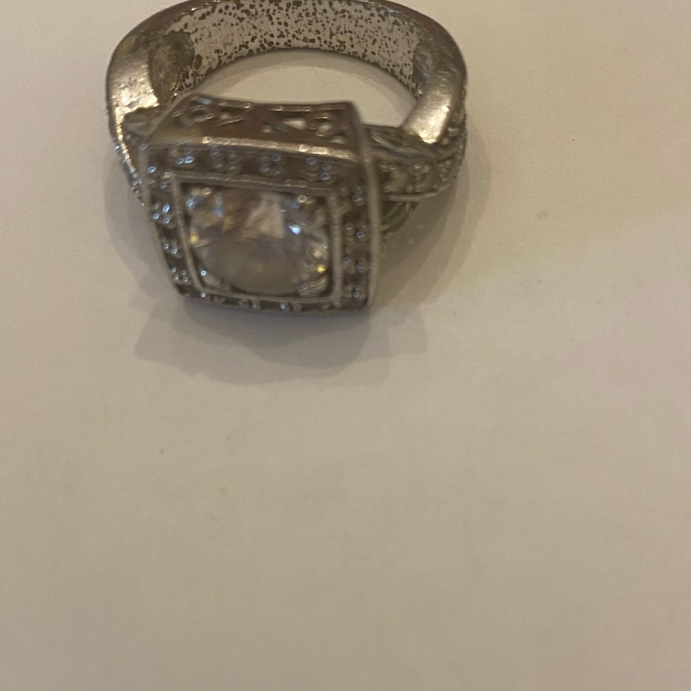 Premier Designs Silver Tone Ring with Clear Crystal Gemstone and Pave Band
